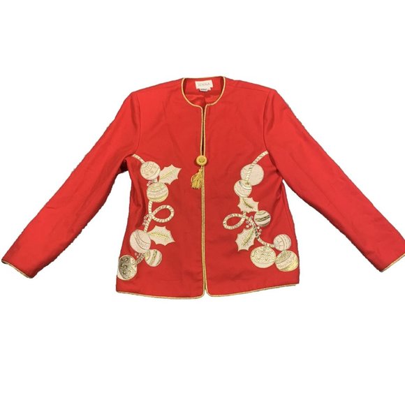 Vintage Jenna Red Christmas Ornament Jacket Blazer‎ Zip Gold 100% Wool Size 12 - Picture 1 of 11